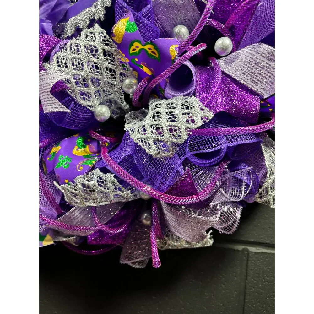 Large Handmade Mardi Gras Front Door Wreath Purple Silver Deco Mesh 22 Inch